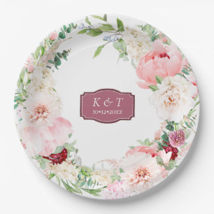Blush and Deep Mauve Lush Floral Paper Plate