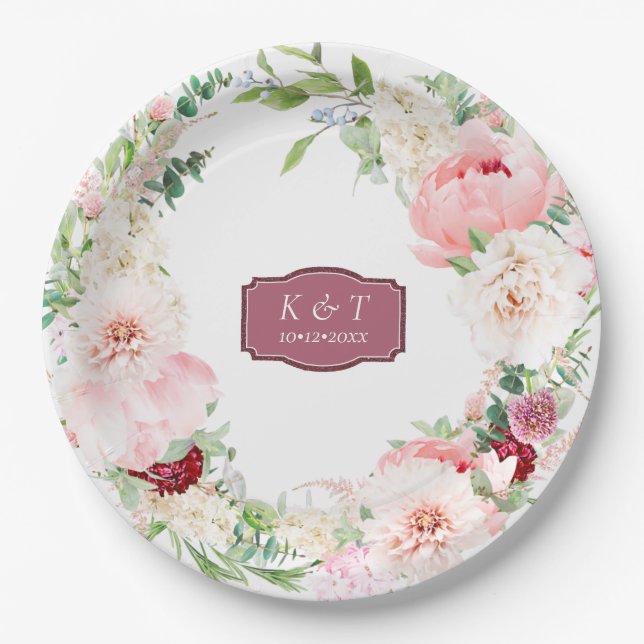 Blush and Deep Mauve Lush Floral Paper Plate (Front)