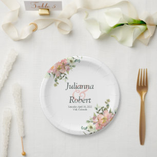Blush and eggshell watercolor floral wedding pap paper plate