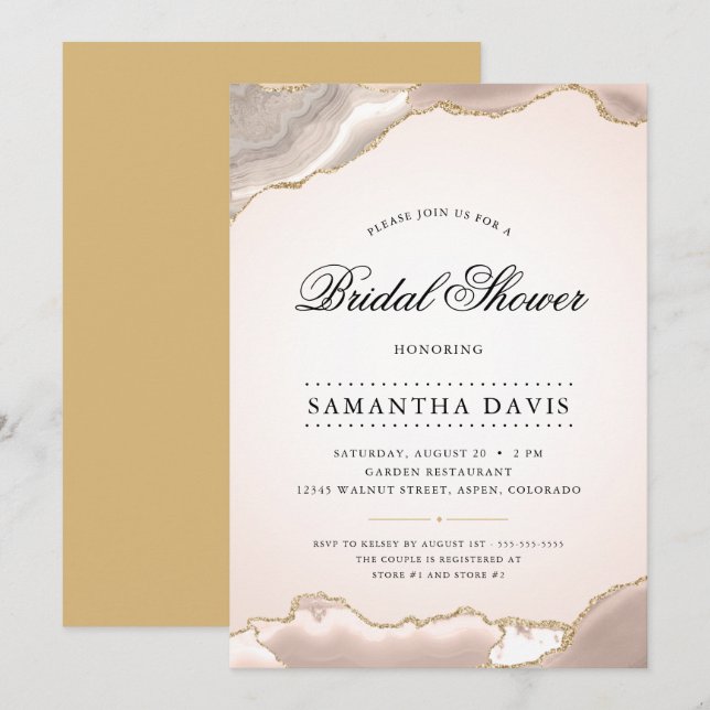 Blush and Gold Agate Elegant Bridal Shower Invitation (Front/Back)