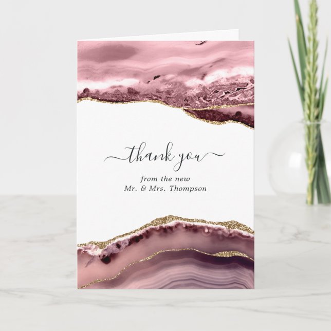 Blush and Gold Agate Wedding Photo Thank You Card (Front)