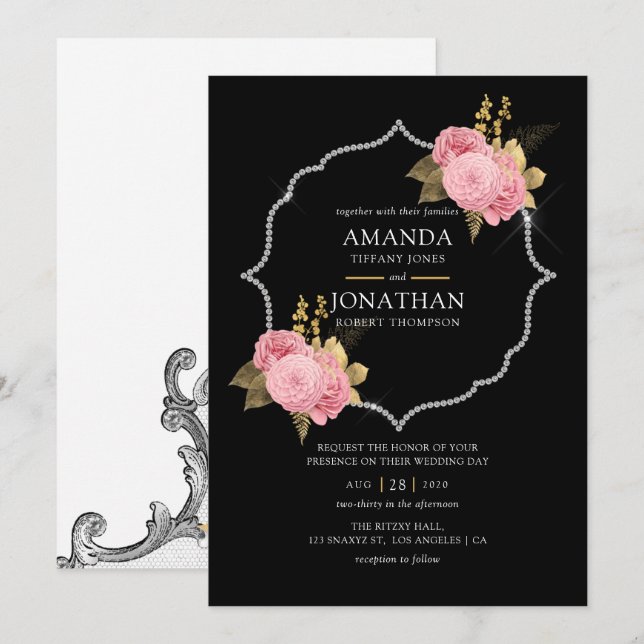 Blush and Gold and Silver Floral Diamond Wedding Invitation (Front/Back)