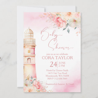 Blush and gold Boho floral lighthouse baby shower Invitation