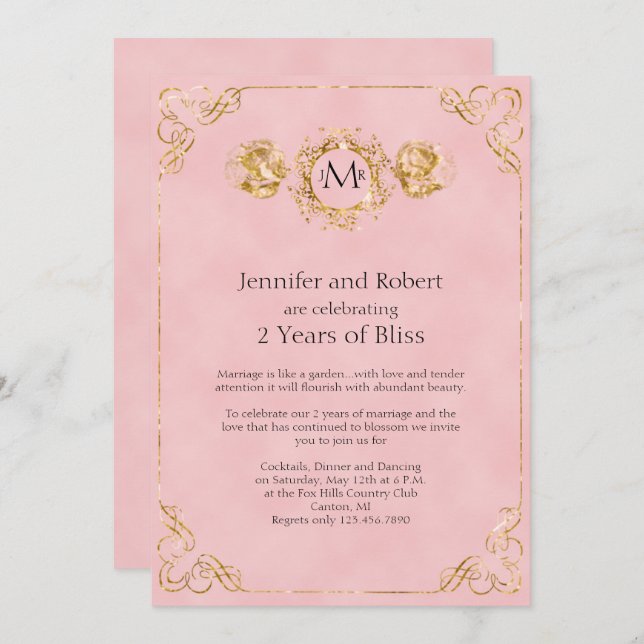 Blush and Gold Cotton 2nd Wedding Anniversary Invitation (Front/Back)