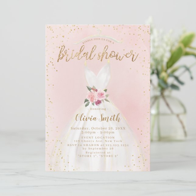 Blush And Gold Elegant Wedding Dress Bridal Shower Invitation (Standing Front)