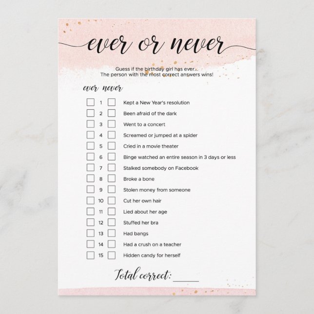 Blush and Gold Ever or Never Birthday Game Thank You Card (Front)