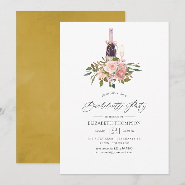 Blush and Gold Floral Bachelorette Party Invitation (Front/Back)