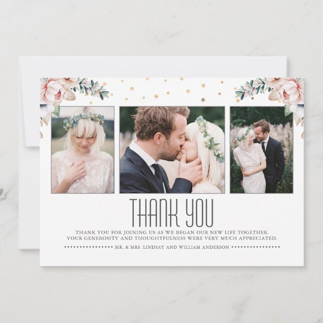 Blush and Gold | Floral Wedding Thank You Photo (Front)