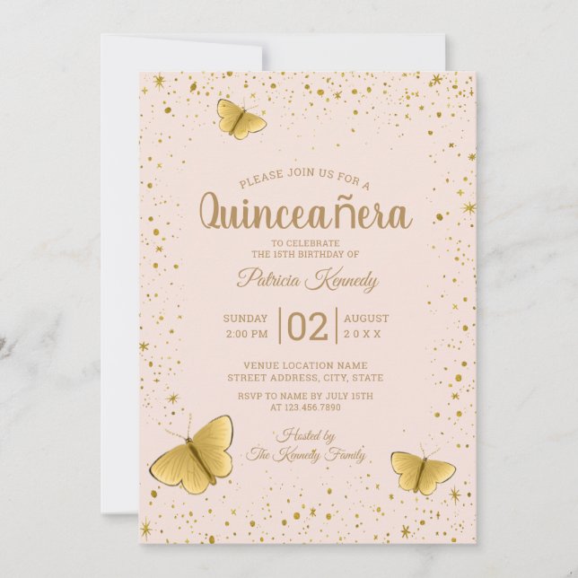 Blush And Gold Glitter Butterfly Quinceanera Invitation (Front)