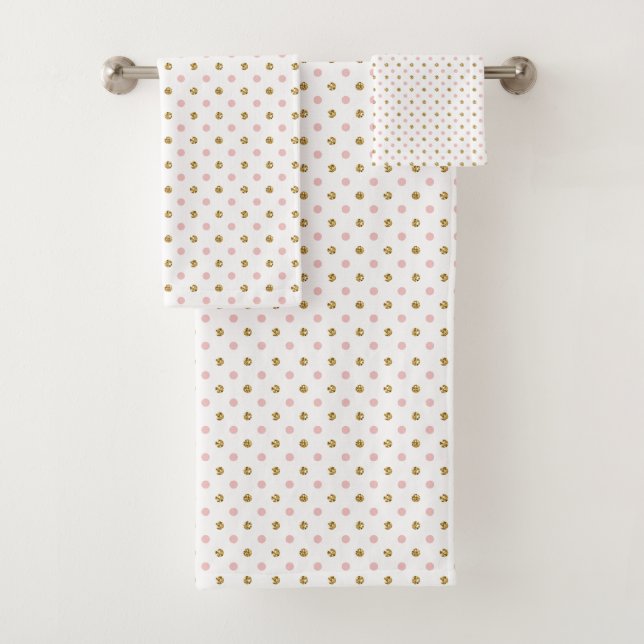 Blush and gold glitter polka dot bath towel set (Insitu)