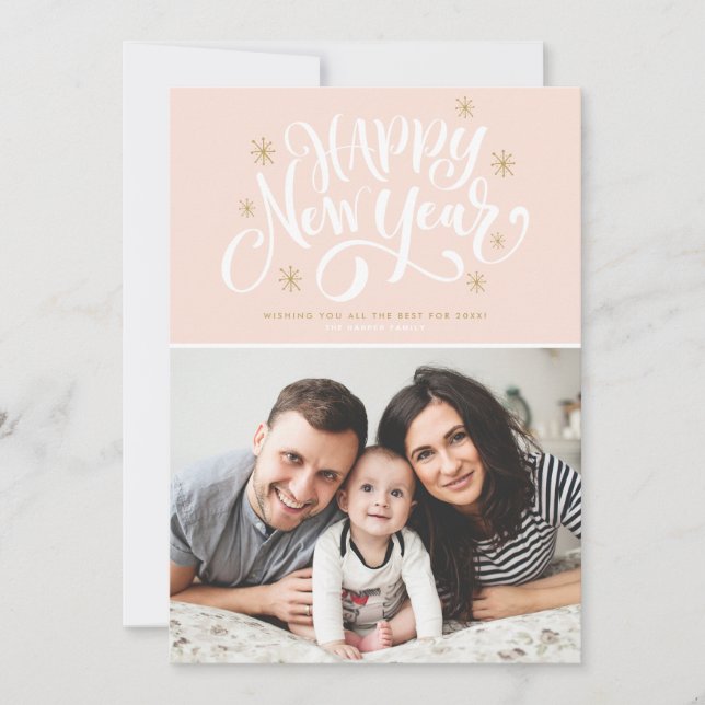 Blush and Gold Happy New Year Snowflakes Photo Holiday Card (Front)