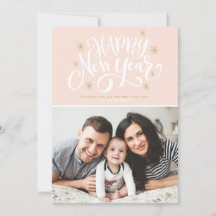 Blush and Gold Happy New Year Snowflakes Photo Holiday Card