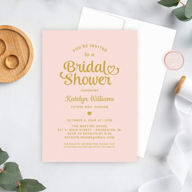 Blush and Gold Heart Script Wedding Bridal Shower Invitation (Creator Uploaded)