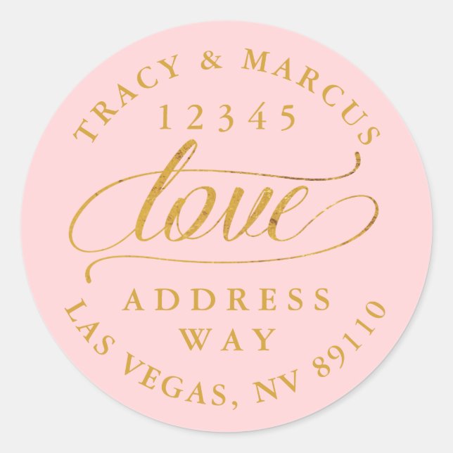 Blush and Gold Love Calligraphy Wedding Address Classic Round Sticker (Front)