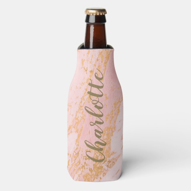 Blush and Gold Marble Pattern Personalised    Bottle Cooler (Bottle Front)