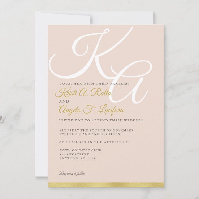 Blush and Gold Monogram Wedding Invitation (Front)