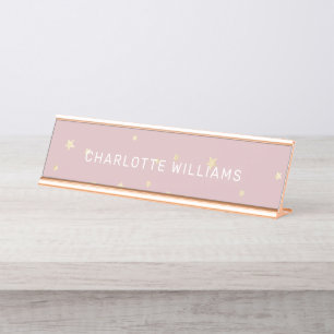 Blush and gold stars modern script desk name plate