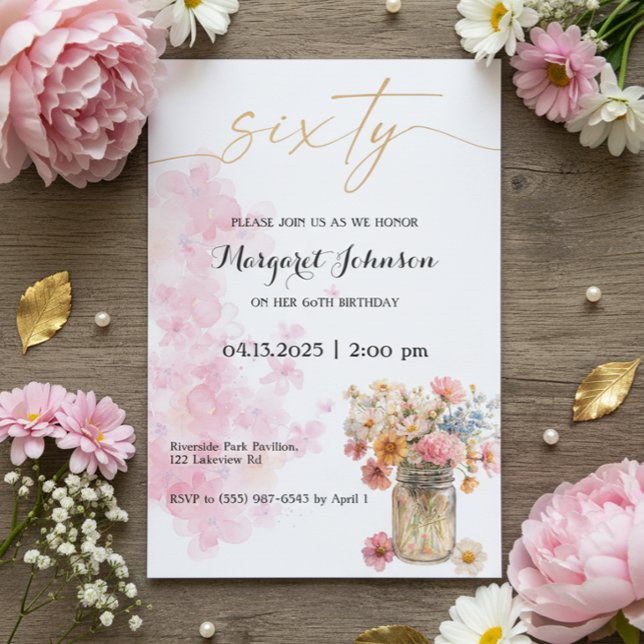 Blush and Gold Watercolor Birthday Celebration Invitation (Soft pink and gold watercolor floral 60th birthday invitation design with elegant feminine style)
