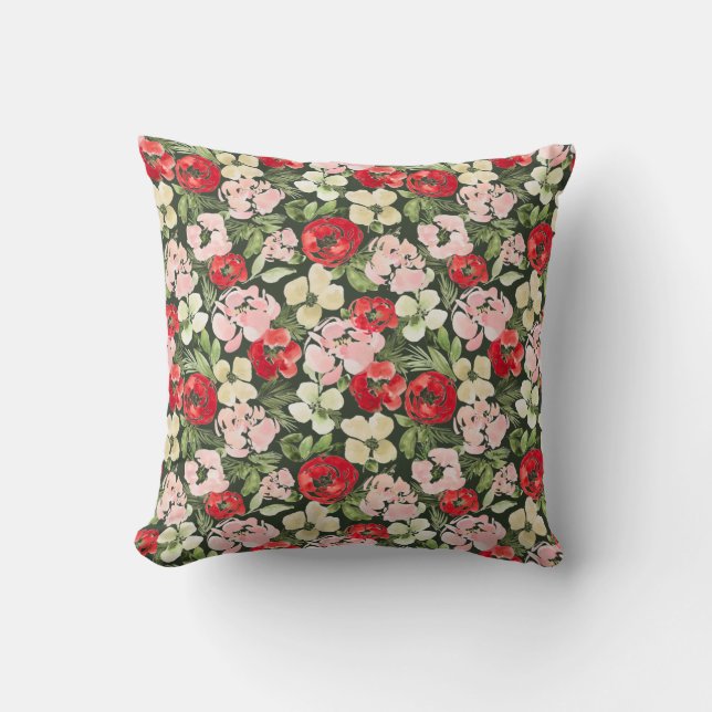 Blush and green Christmas Watercolor Flowers Dark  Cushion (Front)