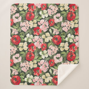 Blush and green Christmas Watercolor Flowers Dark Sherpa Blanket