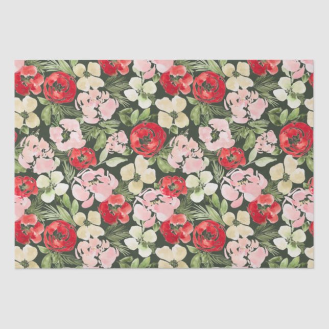 Blush and green Christmas Watercolor Flowers Dark Tissue Paper (Front)