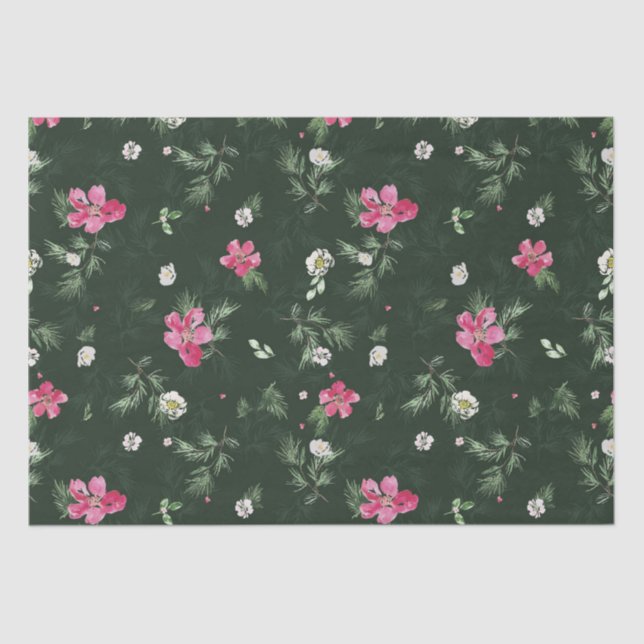 Blush and green Christmas Watercolor Flowers  Tissue Paper (Front)