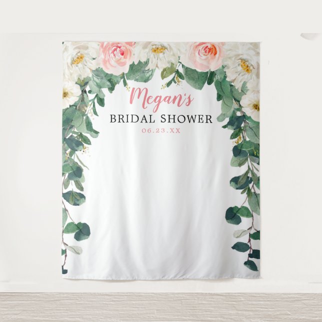 Blush and Greenery Bridal Shower Backdrop Tapestry (Front)