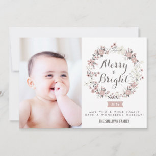 Blush and Grey Christmas Wreath Holiday Photo Card
