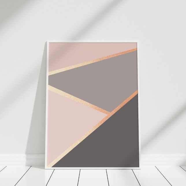 Blush and Grey Geometric Abstract Wall Art (Rose Gold Geometric Poster in a white frame on a white floor.)