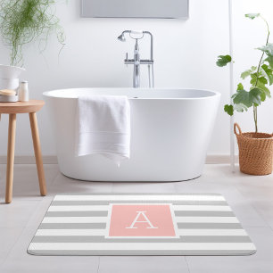 Blush and Grey Stripes Monogram   Editable Colours Bath Mat