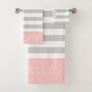 Blush and Grey Stripes Monogram   Editable Colours Bath Towel Set