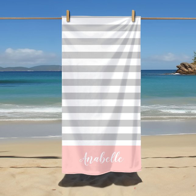 Blush and Grey Stripes Monogram | Editable Colours Beach Towel (Creator Uploaded)