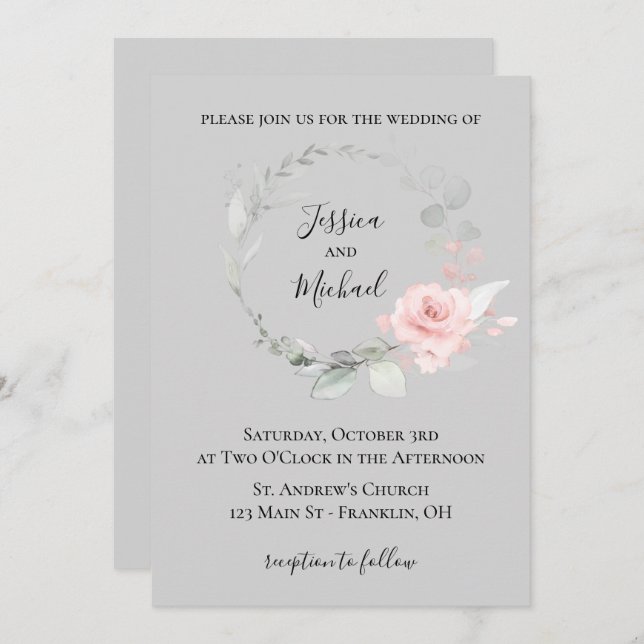 Blush and Grey Wedding Invitation - Rose Wreath (Front/Back)