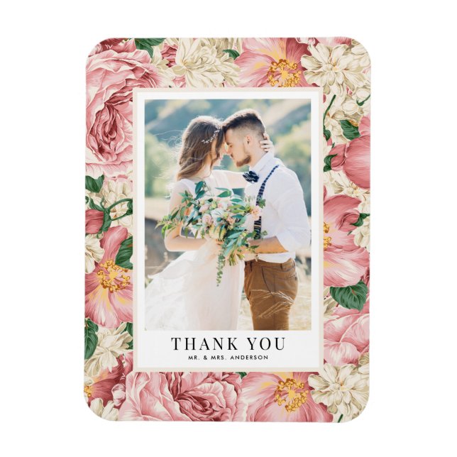 Blush and Ivory Flowers Photo Wedding Thank You Magnet (Vertical)