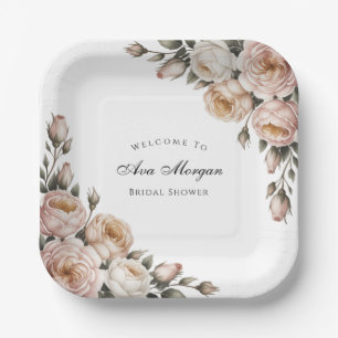 Blush and Ivory Rose Floral Bridal Shower Paper Plate