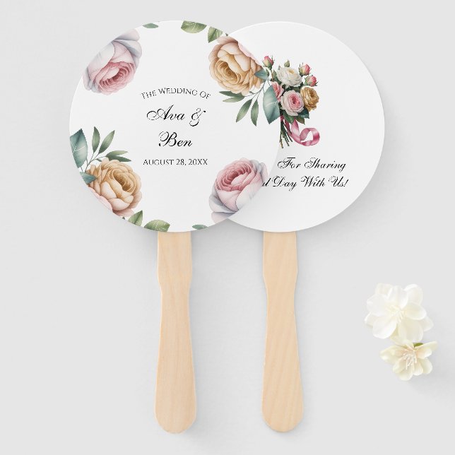 Blush and Ivory Rose Floral Wedding Hand Fan (Front and Back)