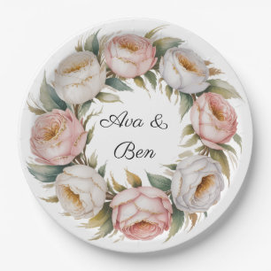 Blush and Ivory Rose Floral Wreath Wedding Paper Plate