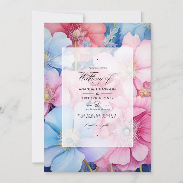 Blush and Light Blue Floral Wedding Invitation (Front)