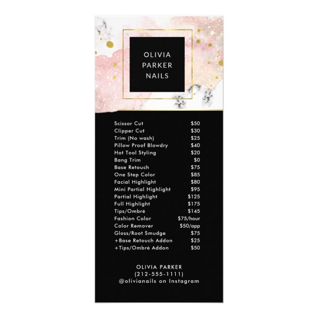 Blush and Marble | Salon Price List Services Rack Card (Front)