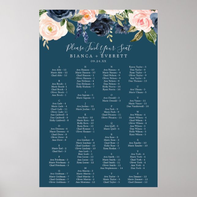 Blush and Navy Blue Alphabetical Seating Chart (Front)