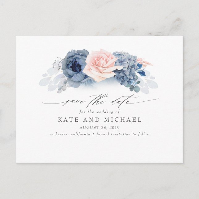 Blush and Navy Blue Floral Boho Save the Date Postcard (Front)