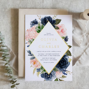 Blush and Navy Blue Floral Frame QR Code Wedding