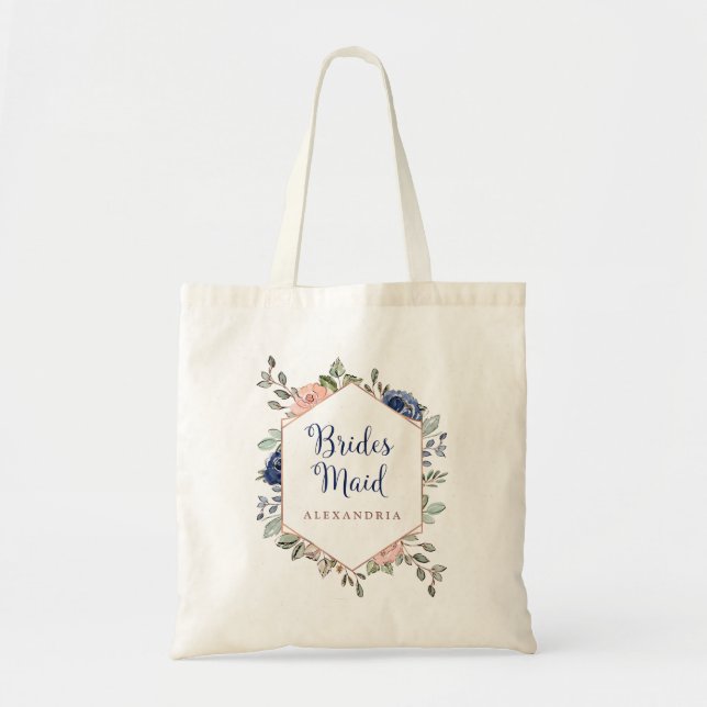 Blush and Navy Blue Floral Geometric | Bridesmaid Tote Bag (Front)