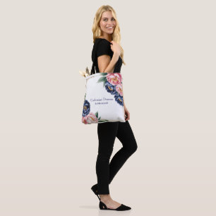 Blush and Navy Blue Peony Bridesmaids Favour Tote Bag