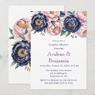 Blush and Navy Blue Peony Couples Shower Invitation