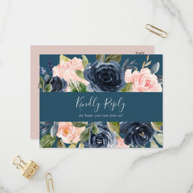 Blush and Navy Blue Song Request RSVP Postcard (Front/Back In Situ)