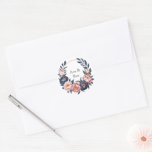 Blush and Navy Blue Wedding Classic Round Sticker (Envelope)