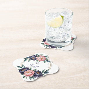 Blush and Navy Blue Wedding Paper Coaster