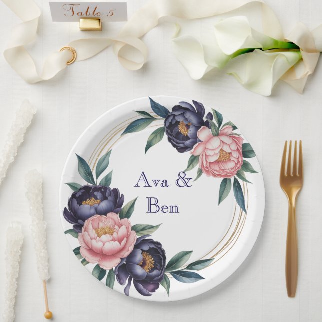 Blush and Navy Blue Wedding Paper Plate (Wedding)