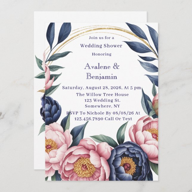 Blush and Navy Blue Wedding Shower Invitation (Front/Back)